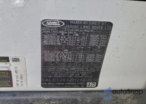 2021 Land Rover Discovery S R-Dynamic из США, поврежденный, VIN SALRT2RX2M2450018